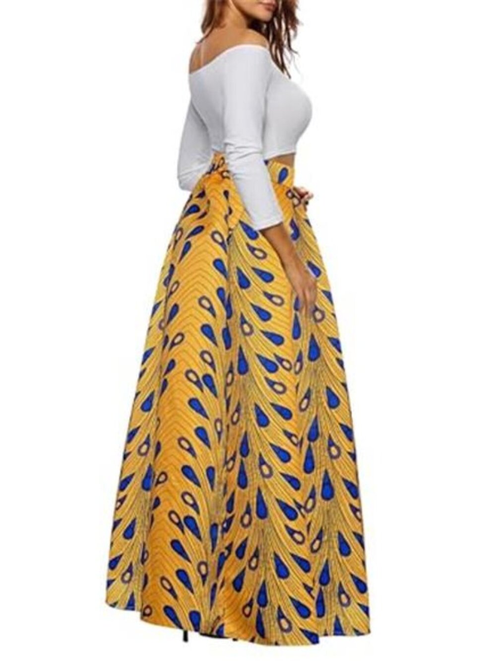 Women’s Yellow Abstract Print Maxi Skirt A-Line Flared Long Skirt with Pockets - Picture 4 of 8